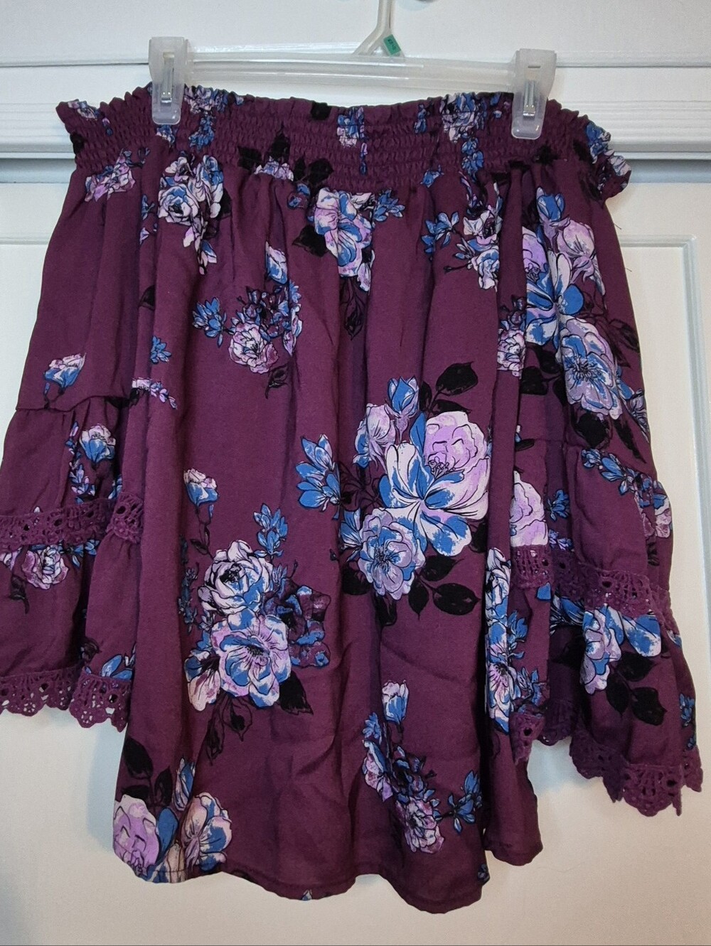 Floral Xhilaration Off-Shoulder Peasant Top in Plum